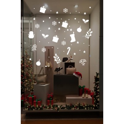 Kardan Adam Balonlar Taç Desenler Kar Tanesi ve Yılbaşı Ağacı Vitrin Süslemeleri 28x62cm