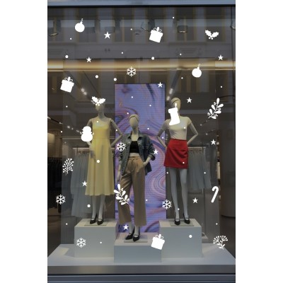 Kardan Adam Balonlar Taç Desenler Kar Tanesi ve Yılbaşı Ağacı Vitrin Süslemeleri 28x62cm