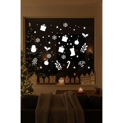 Kardan Adam Balonlar Taç Desenler Kar Tanesi ve Yılbaşı Ağacı Vitrin Süslemeleri 28x62cm