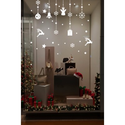 Sevimli Yıldızlar Geyikler Kar Taneleri ve Yılbaşı Vitrin Stickerları 70x70cm