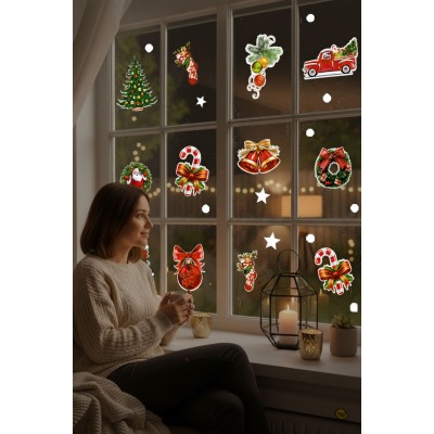 Yeni Yıla Özel Renkli Farklı Farklı Yılbaşı Süslemeleri Ev Vitrin Yılbaşı Sticker Stickerları