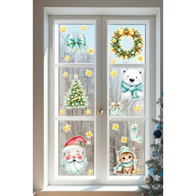 Yılbaşı Cam Sticker Seti – Kedi, Ayıcık, Noel Baba ve Çelenk Figürleri - Çocuk Odası Çıkartma Seti
