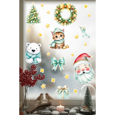 Yılbaşı Cam Sticker Seti – Kedi, Ayıcık, Noel Baba ve Çelenk Figürleri - Çocuk Odası Çıkartma Seti