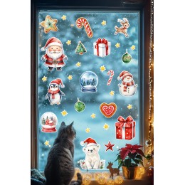 Yılbaşı Cam Sticker Seti – Hediye Kutuları, Kardan Adam, Ayıcık ve Penguen Figürleri