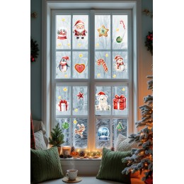 Yılbaşı Cam Sticker Seti – Hediye Kutuları, Kardan Adam, Ayıcık ve Penguen Figürleri