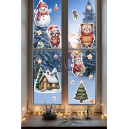 Yeni Yıl Çocuk Odası Cam Sticker Seti – Hayvan Figürleri ve Çam Ağacı Yılbaşı Süsü