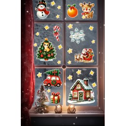 Noel Baba, Geyik ve Kırmızı Araba Cam Sticker Seti – Yılbaşı Pencere Süslemesi