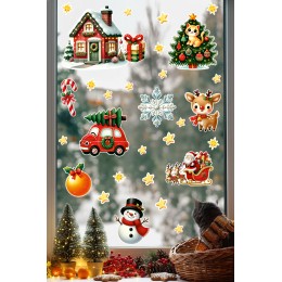 Noel Baba, Geyik ve Kırmızı Araba Cam Sticker Seti – Yılbaşı Pencere Süslemesi