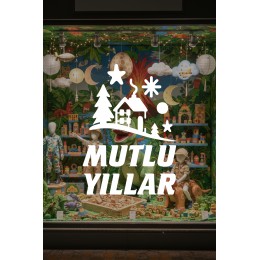 Kış Masalı Mutlu Yıllar Cam Vitrin Sticker – Yılbaşı Çam Ağaçlı Dekor Seti