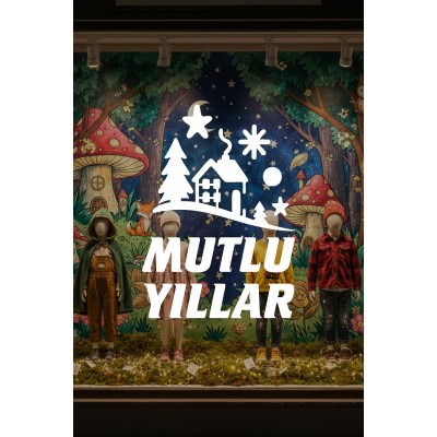 Kış Masalı Mutlu Yıllar Cam Vitrin Sticker – Yılbaşı Çam Ağaçlı Dekor Seti