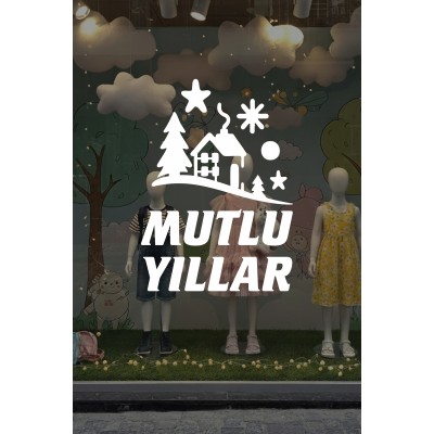 Kış Masalı Mutlu Yıllar Cam Vitrin Sticker – Yılbaşı Çam Ağaçlı Dekor Seti