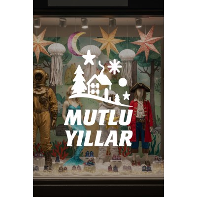 Kış Masalı Mutlu Yıllar Cam Vitrin Sticker – Yılbaşı Çam Ağaçlı Dekor Seti