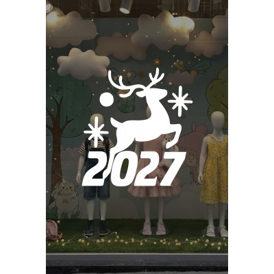 Mağaza ve İş Yerlerine Özel "Geyikli 2027 Yılbaşı" Yazılı ve Motifli Dekoratif Cam, Vitrin ve Duvar Sticker Seti