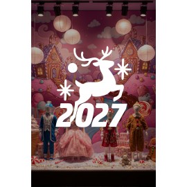 Mağaza ve İş Yerlerine Özel "Geyikli 2027 Yılbaşı" Yazılı ve Motifli Dekoratif Cam, Vitrin ve Duvar Sticker Seti