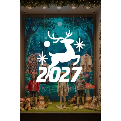 Mağaza ve İş Yerlerine Özel "Geyikli 2027 Yılbaşı" Yazılı ve Motifli Dekoratif Cam, Vitrin ve Duvar Sticker Seti