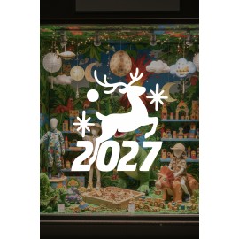 Mağaza ve İş Yerlerine Özel "Geyikli 2027 Yılbaşı" Yazılı ve Motifli Dekoratif Cam, Vitrin ve Duvar Sticker Seti
