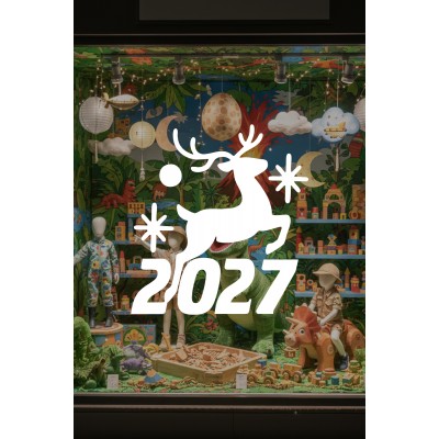 Mağaza ve İş Yerlerine Özel "Geyikli 2027 Yılbaşı" Yazılı ve Motifli Dekoratif Cam, Vitrin ve Duvar Sticker Seti