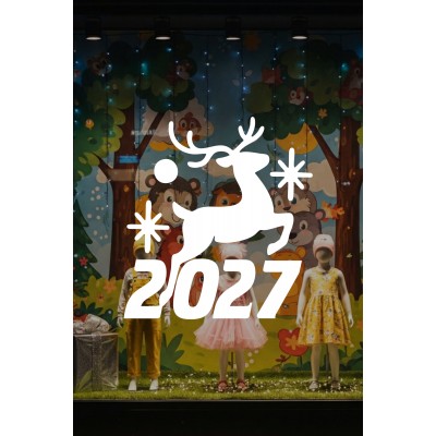 Mağaza ve İş Yerlerine Özel "Geyikli 2027 Yılbaşı" Yazılı ve Motifli Dekoratif Cam, Vitrin ve Duvar Sticker Seti