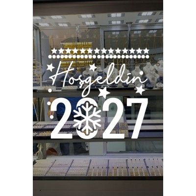 El Yazısı İle Hoşgeldin 2027 Yazısı ve Kar Tanesi Cam Vitrin Mağaza Süslemeleri El Yazısı İle Hoşgeldin 2027 Yazısı ve Kar Tanesi Cam Vitrin Mağaza Süslemeleri