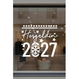 El Yazısı İle Hoşgeldin 2027 Yazısı ve Kar Tanesi Cam Vitrin Mağaza Süslemeleri