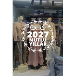 Mağaza ve İş Yerlerine Özel "2027 Mutlu Yıllar, Taç Süslemesi ve Kar Tanesi" Yazılı ve Motifli Dekoratif Cam, Vitrin ve Duvar Sticker Seti 