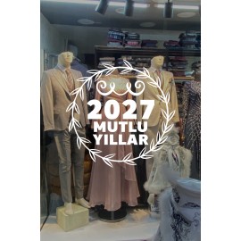 Mağaza ve İş Yerlerine Özel "2027 Mutlu Yıllar, Taç Süslemesi ve Kar Tanesi" Yazılı ve Motifli Dekoratif Cam, Vitrin ve Duvar Sticker Seti 