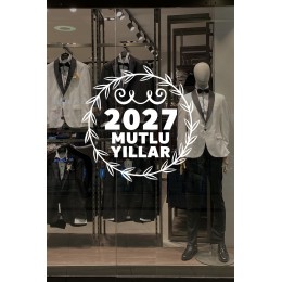 Mağaza ve İş Yerlerine Özel "2027 Mutlu Yıllar, Taç Süslemesi ve Kar Tanesi" Yazılı ve Motifli Dekoratif Cam, Vitrin ve Duvar Sticker Seti 