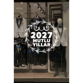 Mağaza ve İş Yerlerine Özel "2027 Mutlu Yıllar, Taç Süslemesi ve Kar Tanesi" Yazılı ve Motifli Dekoratif Cam, Vitrin ve Duvar Sticker Seti 