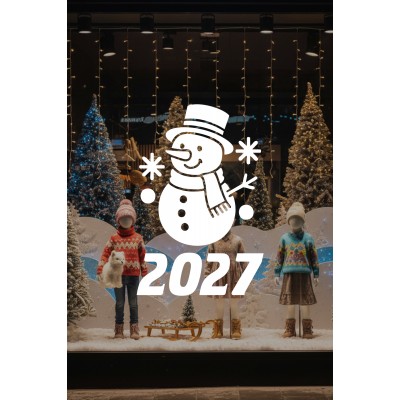 Mağaza ve İş Yerlerine Özel "2027 Kardan Adamlı" Yeni Yıl Yazılı ve Motifli Dekoratif Cam, Vitrin ve Duvar Sticker Seti 