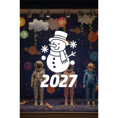 Mağaza ve İş Yerlerine Özel "2027 Kardan Adamlı" Yeni Yıl Yazılı ve Motifli Dekoratif Cam, Vitrin ve Duvar Sticker Seti 