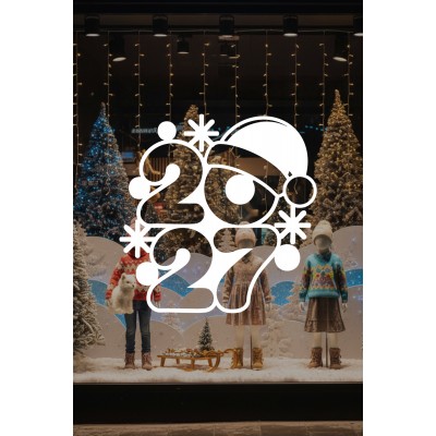 Mağaza, Kreş ve İş Yerlerine Özel "2027 Noel Şapkalı" Yeni Yıl Yazılı ve Motifli Dekoratif Cam, Vitrin ve Duvar Sticker Seti