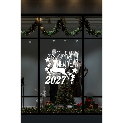 Mağaza ve İş Yerlerine Özel "Geyik ve Happy New Year 2027" Yazılı ve Motifli Dekoratif Cam, Vitrin ve Duvar Sticker Seti Mağaza ve İş Yerlerine Özel "Geyik ve Happy New Year 2027" Yazılı ve Motifli Dekoratif Cam, Vitrin ve Duvar Sticker Seti
