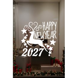 Mağaza ve İş Yerlerine Özel "Geyik ve Happy New Year 2027" Yazılı ve Motifli Dekoratif Cam, Vitrin ve Duvar Sticker Seti 