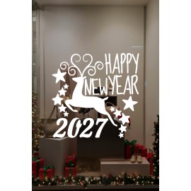 Mağaza ve İş Yerlerine Özel "Geyik ve Happy New Year 2027" Yazılı ve Motifli Dekoratif Cam, Vitrin ve Duvar Sticker Seti 