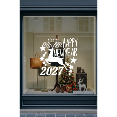Mağaza ve İş Yerlerine Özel "Geyik ve Happy New Year 2027" Yazılı ve Motifli Dekoratif Cam, Vitrin ve Duvar Sticker Seti Mağaza ve İş Yerlerine Özel "Geyik ve Happy New Year 2027" Yazılı ve Motifli Dekoratif Cam, Vitrin ve Duvar Sticker Seti