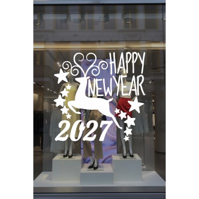 Mağaza ve İş Yerlerine Özel "Geyik ve Happy New Year 2027" Yazılı ve Motifli Dekoratif Cam, Vitrin ve Duvar Sticker Seti Mağaza ve İş Yerlerine Özel "Geyik ve Happy New Year 2027" Yazılı ve Motifli Dekoratif Cam, Vitrin ve Duvar Sticker Seti