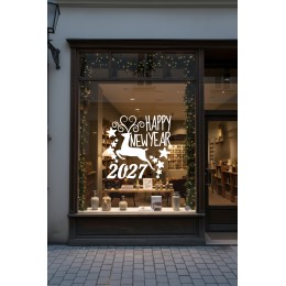 Mağaza ve İş Yerlerine Özel "Geyik ve Happy New Year 2027" Yazılı ve Motifli Dekoratif Cam, Vitrin ve Duvar Sticker Seti 