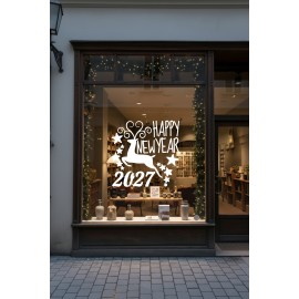 Mağaza ve İş Yerlerine Özel "Geyik ve Happy New Year 2027" Yazılı ve Motifli Dekoratif Cam, Vitrin ve Duvar Sticker Seti 