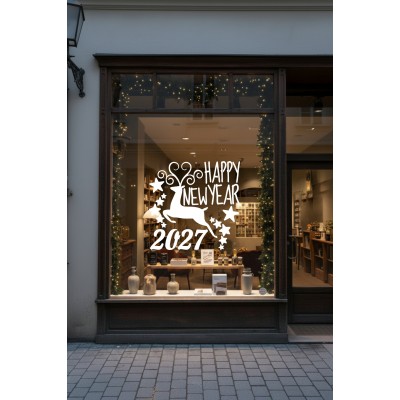 Mağaza ve İş Yerlerine Özel "Geyik ve Happy New Year 2027" Yazılı ve Motifli Dekoratif Cam, Vitrin ve Duvar Sticker Seti Mağaza ve İş Yerlerine Özel "Geyik ve Happy New Year 2027" Yazılı ve Motifli Dekoratif Cam, Vitrin ve Duvar Sticker Seti