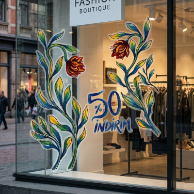 Çiçek Tasarım Vitrin Cam Sticker – %50 İndirim Yazısı & Dekoratif Cam Vitrin Sticker 