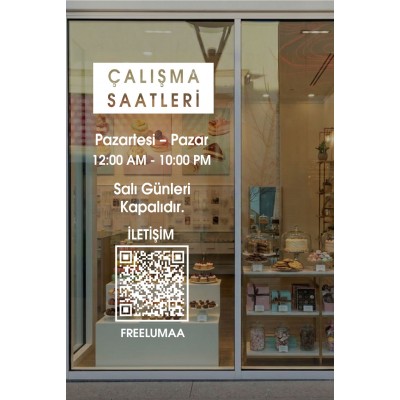 Kafe ve Restoranlar İçin Çalışma Saatleri Cam Sticker – QR Kodlu Vitrin Yazısı – İşletme Cam Dekoru