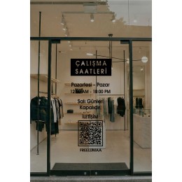 Kafe ve Restoranlar İçin Çalışma Saatleri Cam Sticker – QR Kodlu Vitrin Yazısı – İşletme Cam Dekoru