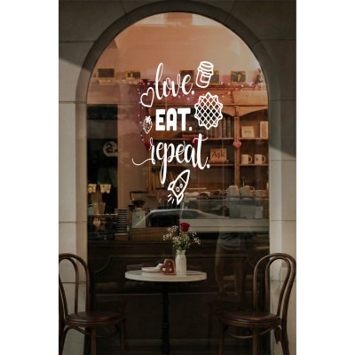 Love Eat Repeat Yazılı Cam Sticker Seti – Kafe Duvar & Vitrin Dekoru – Tatlı & Kahve Temalı Sticker