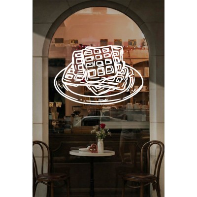Kafe & Pastane Vitrin Sticker – Tabakta Waffle Tatlı Çizim Cam Dekoru