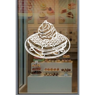 Restoran & Cafe Cam Sticker – Kremalı Waffle Tatlı Tasarım Vitrin Dekoru