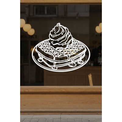 Restoran & Cafe Cam Sticker – Kremalı Waffle Tatlı Tasarım Vitrin Dekoru