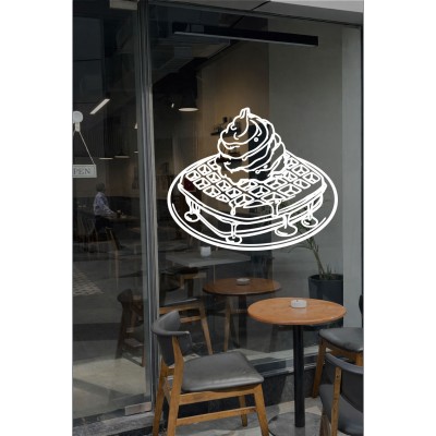 Restoran & Cafe Cam Sticker – Kremalı Waffle Tatlı Tasarım Vitrin Dekoru