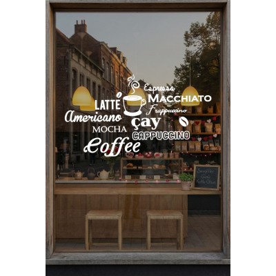 Kafe & Restoran Cam Vitrin Sticker – Kahve Yazıları (Latte, Espresso, Cappuccino) Dekor Seti