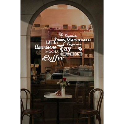 Kafe & Restoran Cam Vitrin Sticker – Kahve Yazıları (Latte, Espresso, Cappuccino) Dekor Seti