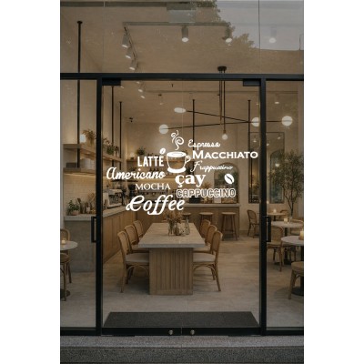 Kafe & Restoran Cam Vitrin Sticker – Kahve Yazıları (Latte, Espresso, Cappuccino) Dekor Seti